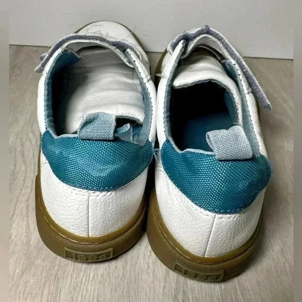 Kids White Leather Sneakers Hook and Loop Closure Teal Accent Gum Sole Size 1